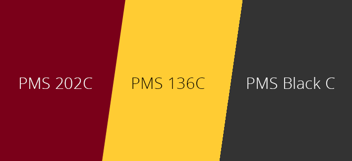 PMS 202C (maroon), PMS 136C (gold), PMS Black C.