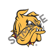 A gold bulldog head, superimposed with the word "Sample."