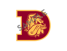 A maroon letter D with gold border, and a gold champ head in the center.