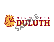 Letters spelling out "UMD," superimposed with the word "sample," and a gold bulldog head.