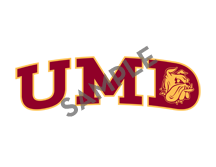 Letters spelling out "UMD" with he word sample superimposed over them. The middle of the D is a bulldog head.