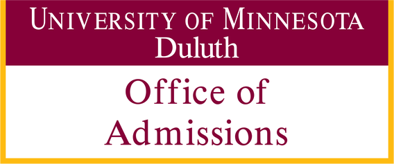 A white square with a maroon heading reading "University of Minnesota Duluth" and maroon text reading "Office of Admissions, with a gold border down each side.